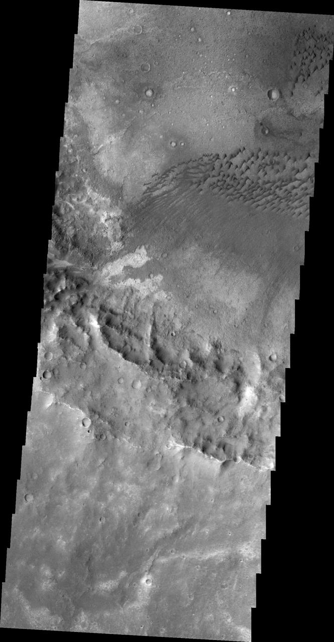 NASA 2001 Mars Odyssey image shows a field of dark dunes on the floor of an unnamed crater in Terra Cimmeria.