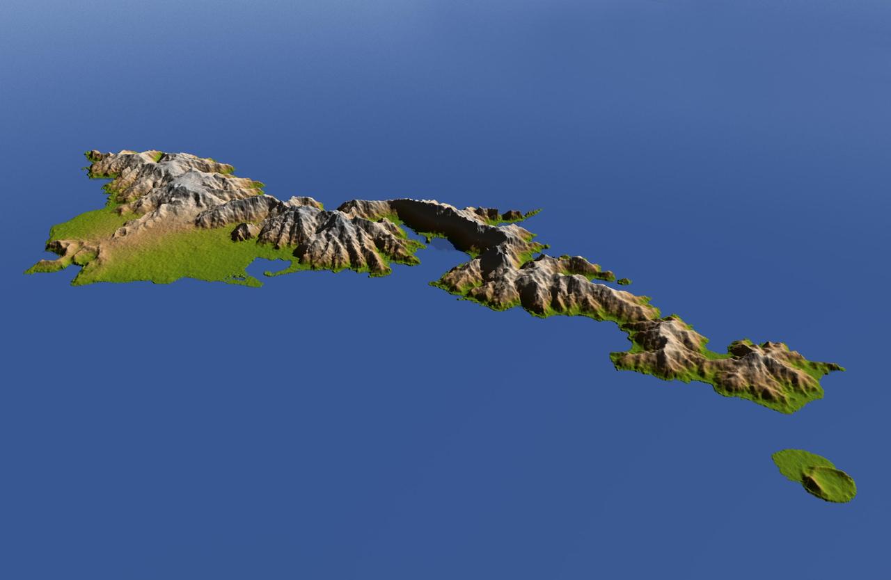 The topography of Tutuila, largest of the islands of American Samoa, is well shown in this color-coded perspective view generated with digital elevation data from the Shuttle Radar Topography Mission (SRTM.)  The total area of Tutuila is about 141.8 square kilometers (54.8 square miles), slightly larger than San Francisco. The large bay near the center in this view is Pago Pago Harbor, actually a submerged volcanic crater whose south wall collapsed millions of years ago. Adjacent to the harbor is Pago Pago, the capital of American Samoa, and to the left (west) of the harbor in this view is Matafao Peak, Tutuila’s highest point at 653 meters (2,142 feet).  On September 29, 2009, a tsunami generated by a major undersea earthquake located about 200 kilometers (120 miles) southwest of Tutuila inundated the more heavily populated southern coast of the island with an ocean surge more than 3 meters (10 feet) deep, causing scores of casualties. Digital topographic data such as those produced by SRTM aid researchers and planners in predicting which coastal regions are at the most risk from such waves, as well as from the more common storm surges caused by tropical storms and even sea level rise.  Two visualization methods were combined to produce the image: shading and color coding of topographic height. The shaded image was derived by computing topographic slope in the northeast-southwest direction, so that northeast slopes appear bright and southwest slopes appear dark. Color coding is directly related to topographic height, with green at the lower elevations, rising through yellow and tan, to white at the highest elevations. The image was then projected using the elevation data to produce this perspective view, with the topography exaggerated by a factor of two.  http://photojournal.jpl.nasa.gov/catalog/PIA11965