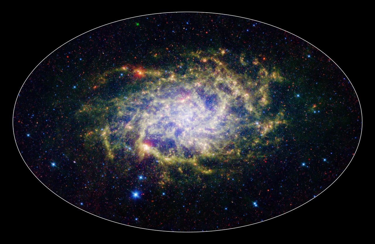 One of our closest galactic neighbors shows its awesome beauty in this new image from NASA Spitzer Space Telescope. M33, also known as the Triangulum Galaxy, is a member of what known as our Local Group of galaxies.