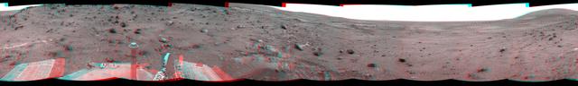 NASA Mars Exploration Rover Spirit used its navigation camera to take the images that have been combined into this stereo, full-circle view of the rover surroundings on March 10, 2009. 3D glasses are necessary to view this image.