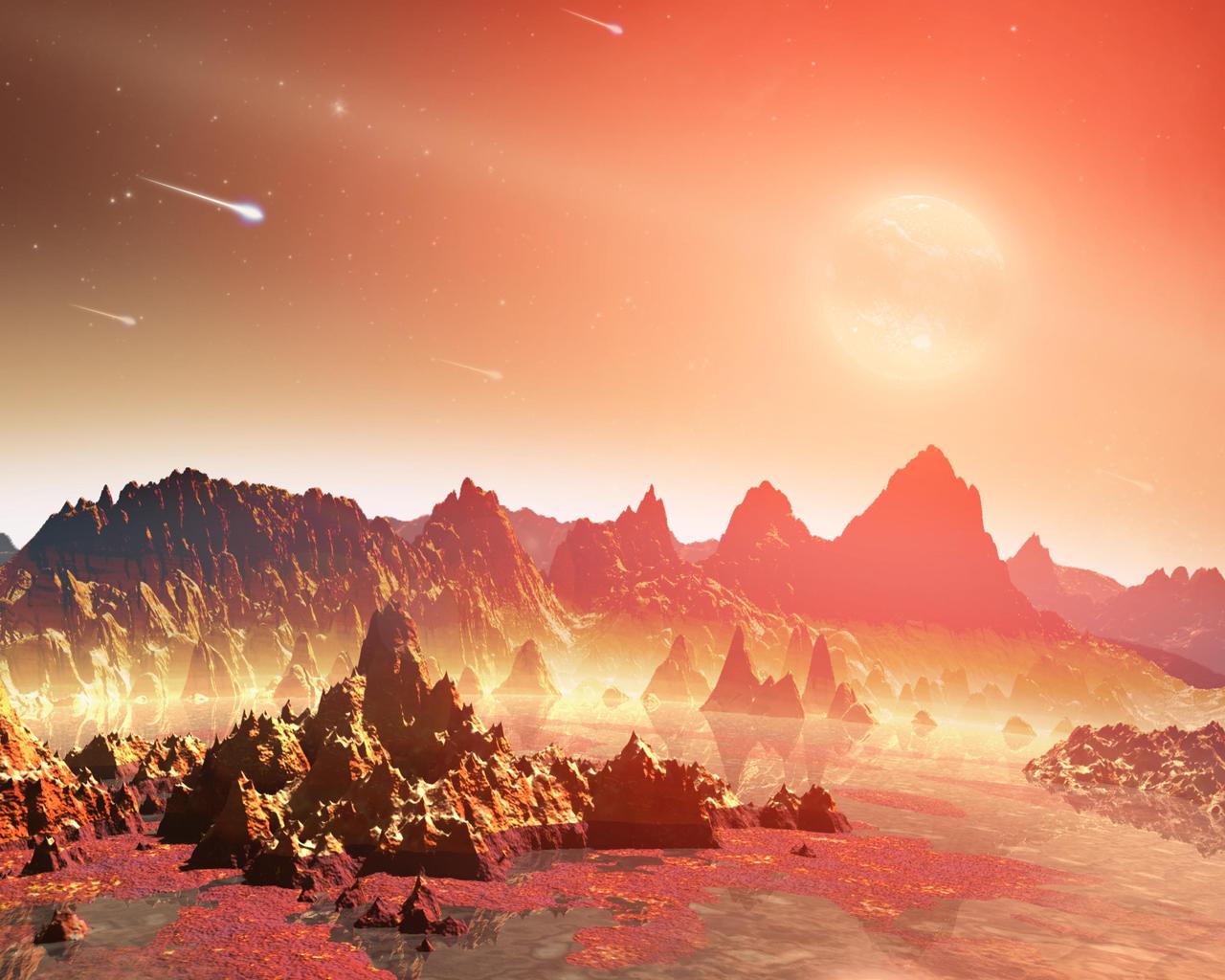 This artist conception shows a young, hypothetical planet around a cool star. A soupy mix of potentially life-forming chemicals can be seen pooling around the base of the jagged rocks.