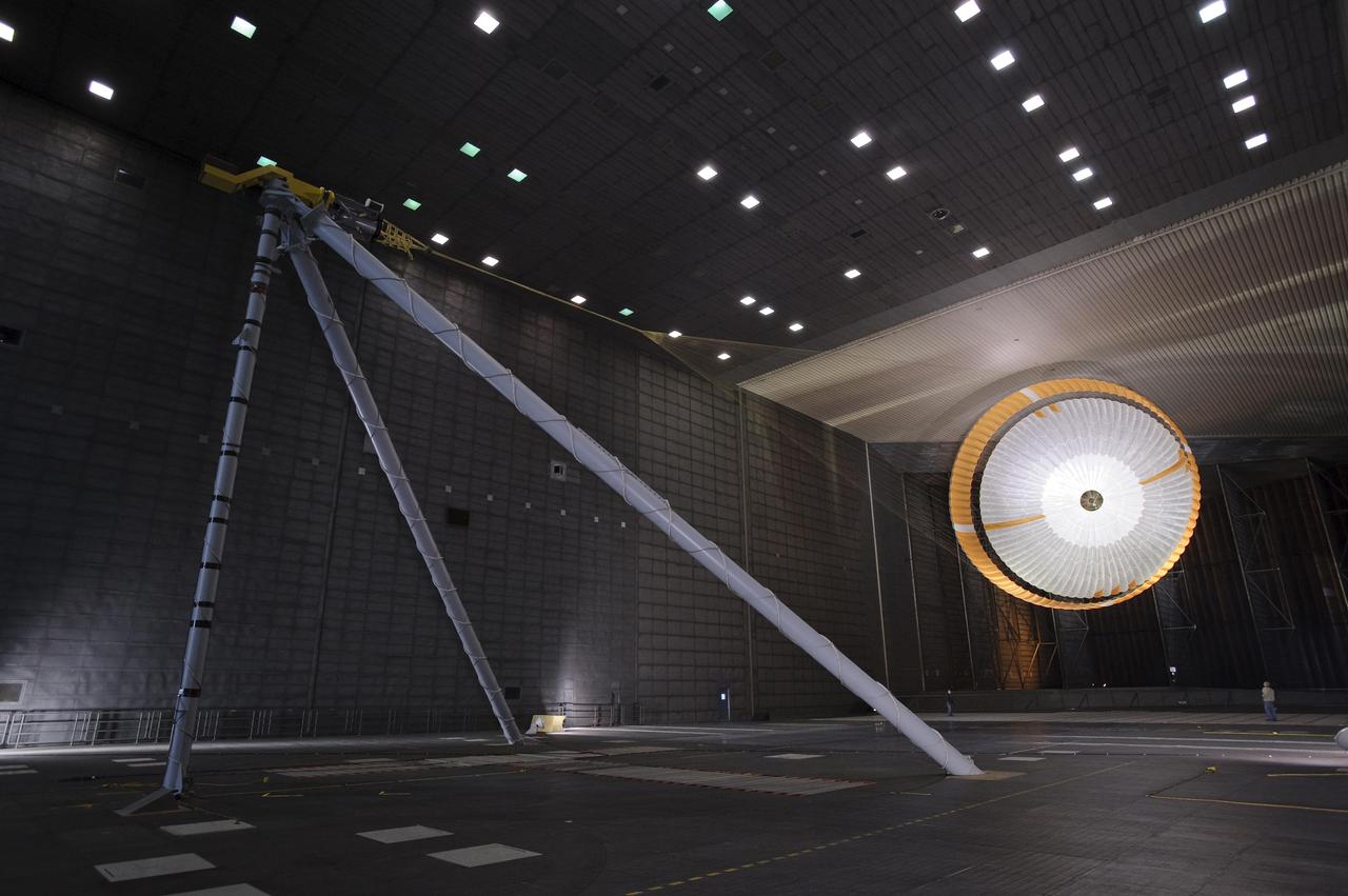 The parachute for NASA Mars Science Laboratory passed flight-qualification testing in March and April 2009 inside the world largest wind tunnel, at NASA Ames Research Center, Moffett Field, Calif.