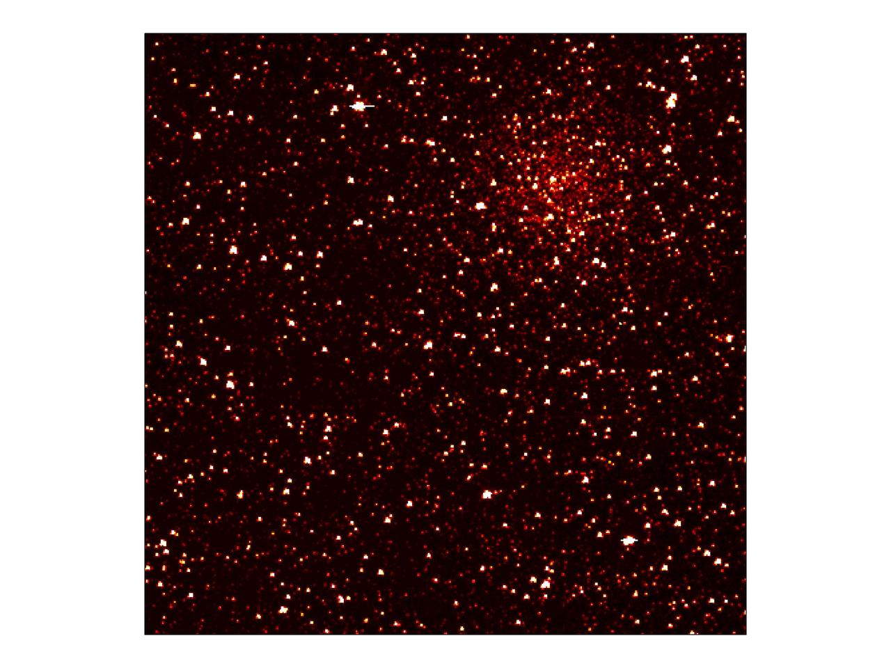 This image zooms into a small portion of NASA Kepler full field of view, an expansive, 100-square-degree patch of sky in our Milky Way galaxy. An eight-billion-year-old cluster of stars 13,000 light-years from Earth, called NGC 6791, can be seen in the image. Clusters are families of stars that form together out of the same gas cloud. This particular cluster is called an open cluster, because the stars are loosely bound and have started to spread out from each other. The area pictured is 0.2 percent of Kepler's full field of view, and shows hundreds of stars in the constellation Lyra. The image has been color-coded so that brighter stars appear white, and fainter stars, red. It is a 60-second exposure, taken on April 8, 2009, one day after the spacecraft's dust cover was jettisoned. Kepler was designed to hunt for planets like Earth. The mission will spend the next three-and-a-half years staring at the same stars, looking for periodic dips in brightness. Such dips occur when planets cross in front of their stars from our point of view in the galaxy, partially blocking the starlight. To achieve the level of precision needed to spot planets as small as Earth, Kepler's images are intentionally blurred slightly. This minimizes the number of saturated stars. Saturation, or "blooming," occurs when the brightest stars overload the individual pixels in the detectors, causing the signal to spill out into nearby pixels. http://photojournal.jpl.nasa.gov/catalog/PIA11986