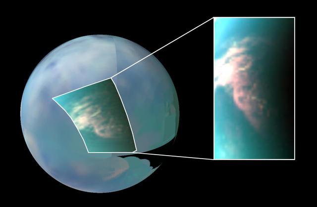 This infrared image of Saturn's moon Titan shows a large burst of clouds in the moon's south polar region. These clouds form and move much like those on Earth, but in a much slower, more lingering fashion, new results from NASA's Cassini Spacecraft show. This image is a color composite, with red shown at a 5-micron wavelength, green at 2.7 microns, and blue at 2 microns. An infrared color mosaic is also used as a background image (red at 5 microns, green at 2 microns, blue at 1.3 microns). The images were taken by Cassini's visual and infrared mapping spectrometer during a flyby of Titan on March 26, 2007, known as T27. For a similar view see PIA12004. Titan's southern hemisphere still shows a very active meteorology (the cloud appears in white-reddish tones) even in 2007. According to climate models, these clouds should have faded out since 2005. Scientists have monitored Titan's atmosphere for three-and-a-half years, between July 2004 and December 2007, and observed more than 200 clouds. The way these clouds are distributed around Titan matches scientists' global circulation models. The only exception is timing—clouds are still noticeable in the southern hemisphere while fall is approaching. http://photojournal.jpl.nasa.gov/catalog/PIA12005
