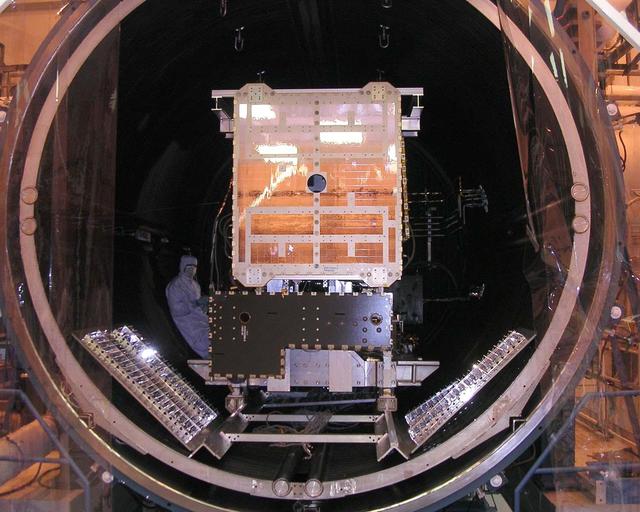 NASA Dawn spacecraft in thermal vacuum chamber.