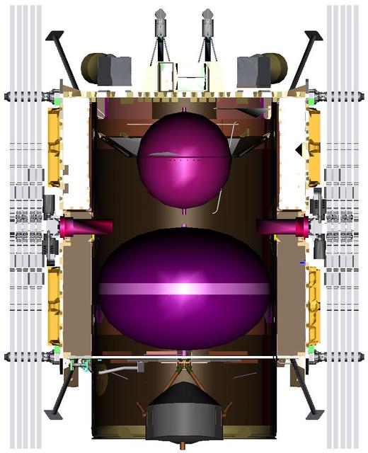 This illustration shows an inside view of the NASA Dawn spacecraft.