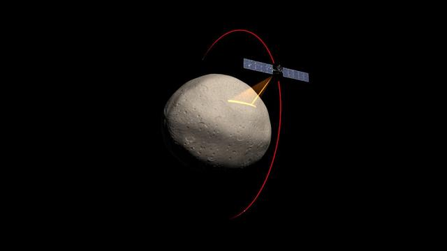 Artist concept of the Dawn spacecraft gathering spectral data from Vesta.