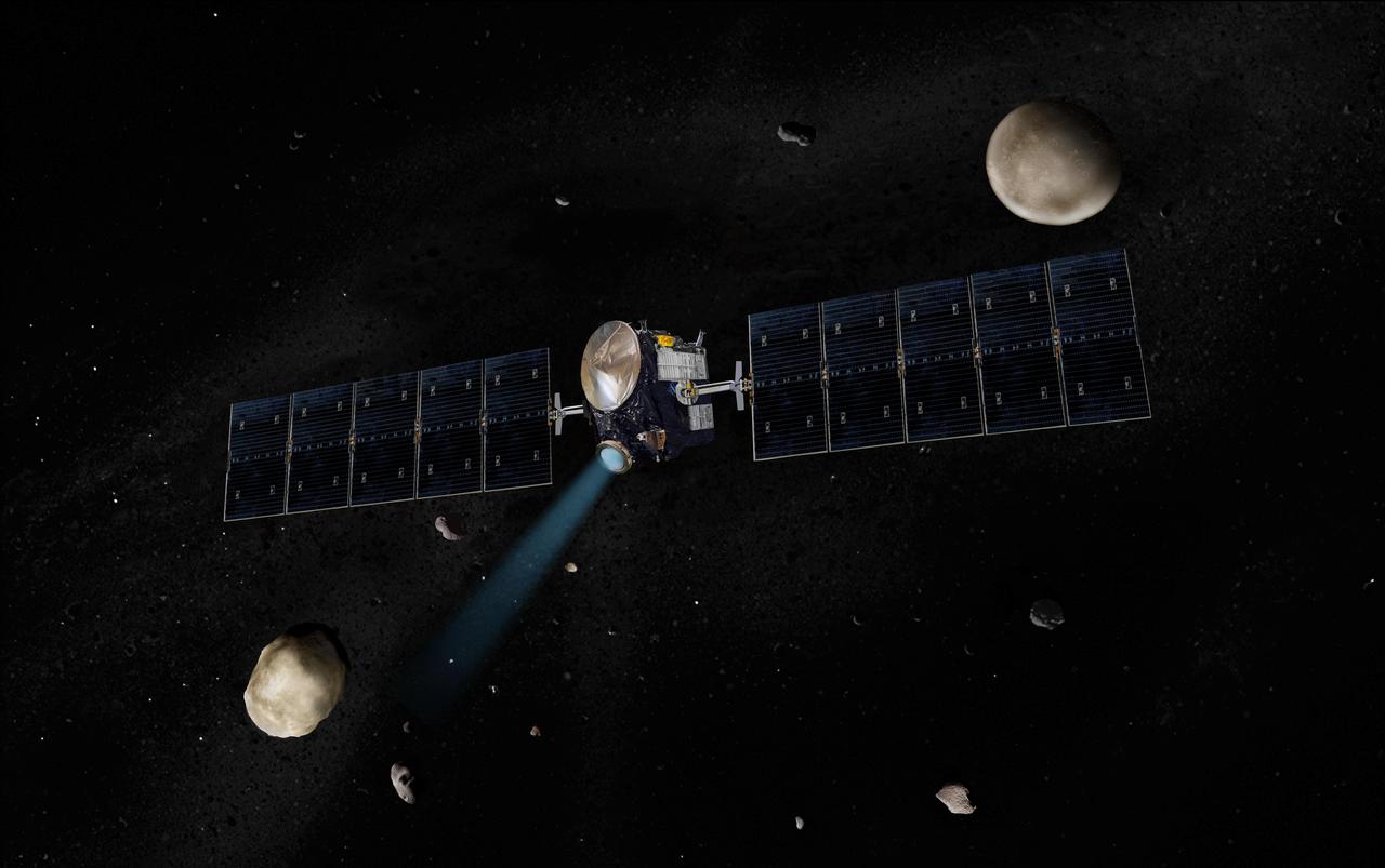 Artist concept of the Dawn spacecraft with Vesta and Ceres.