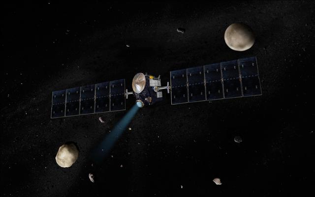 Dawn Spacecraft with Vesta and Ceres Artist Concept