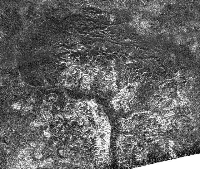 Complex and unique canyon systems appear to have been intricately carved  into older terrain by the ample flow of liquid methane rivers on Saturn  moon Titan, as seen in this radar image taken by NASA Cassini spacecraft  on May 21, 2009.