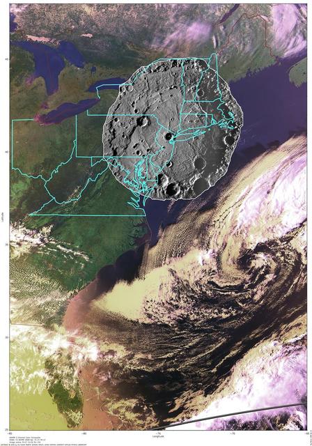 To put the size of Mercury Rembrandt basin into a familiar context, a NAC mosaic of the basin is overlaid on an AVHRR image of the east coast of the United States