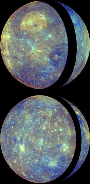NASA MESSENGER shows the thin crescent of Mercury during approach forming the right portion of the globe and the fuller departure view showing Caloris basin forming the left side and majority of the view. 