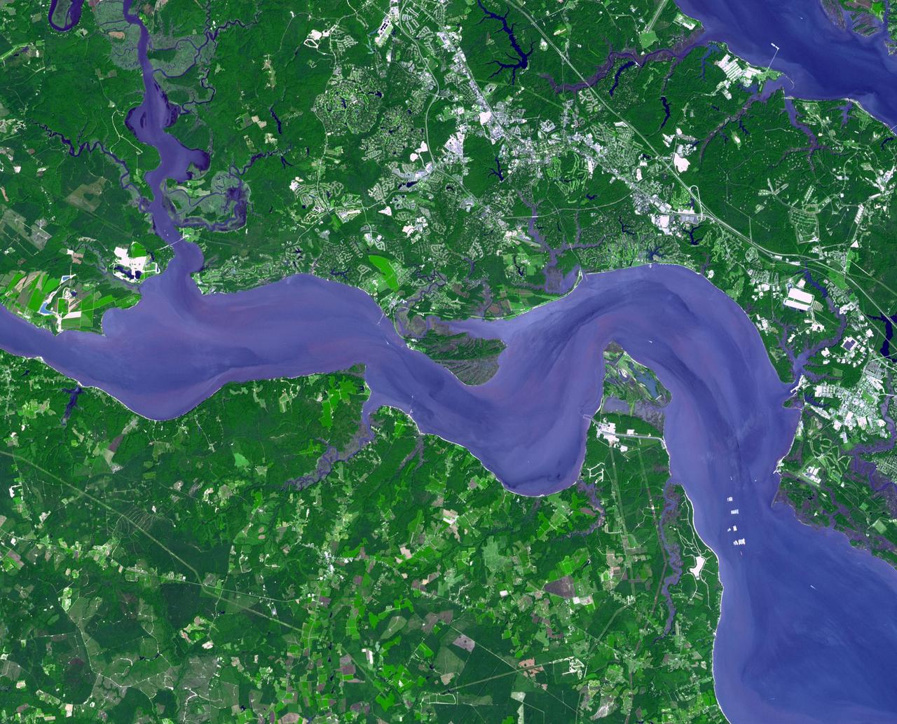 Jamestown, located on Jamestown Island in the Virginia Colony, was founded on May 14, 1607. NASA Terra spacecraft acquired this image on September 4, 2007.