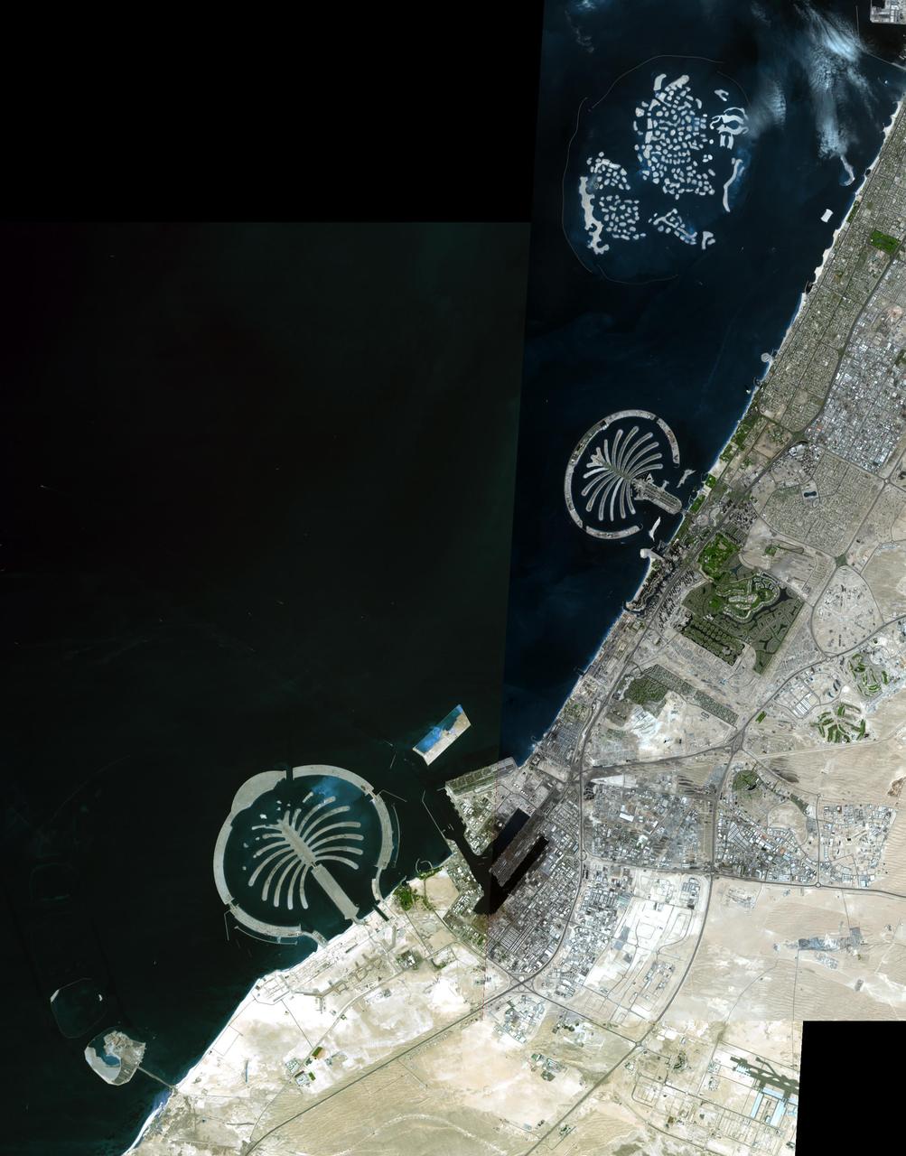 The Palm Islands are artificial islands in Dubai, United Arab emirates on which major commercial and residential structures are being built. NASA Terra spacecraft acquired this image on November 17 and December 10, 2008.