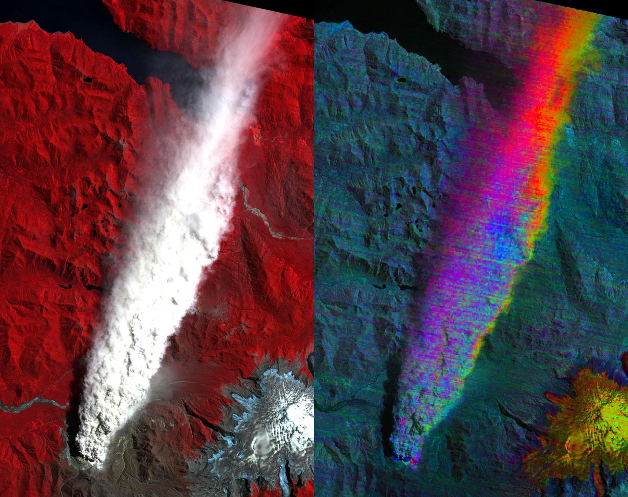 Chaiten Volcano, Chile continues to erupt after first exploding in May 2008 following about 9,000 years of inactivity. This image from NASA Terra spacecraft shows vegetation in red. You can clearly see the extent of the plume.