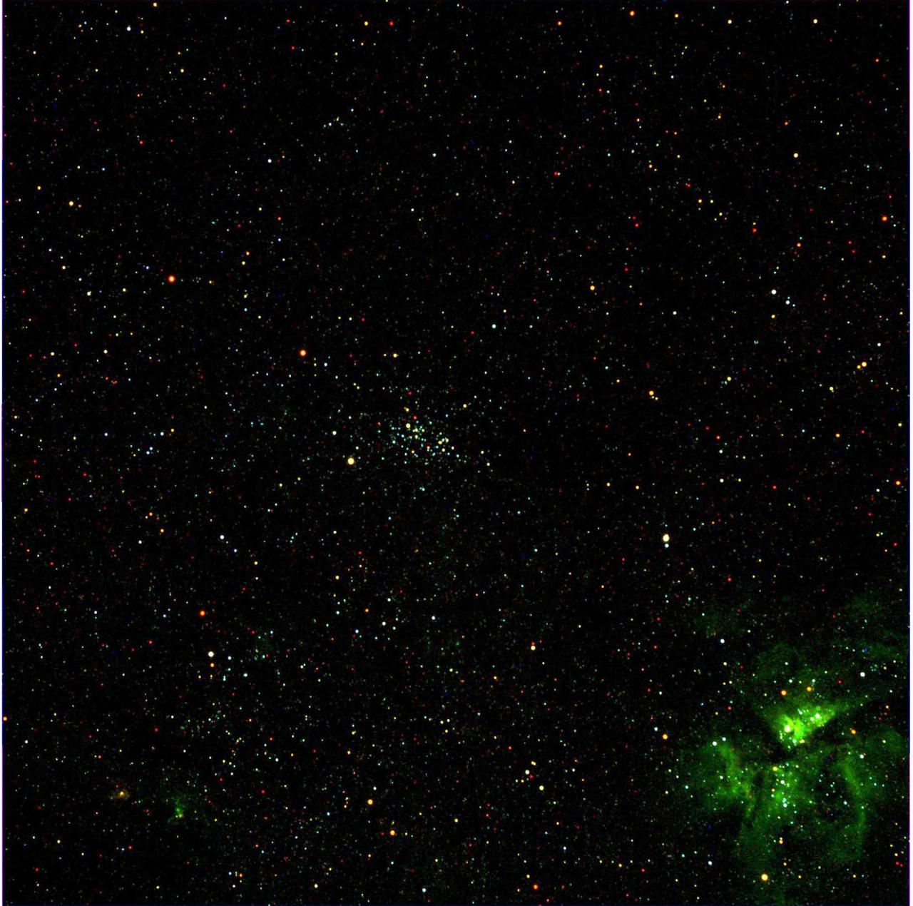 This view in the southern constellation Carina was acquired on December 13, 2007 as part of the characterization tests of the Framing Camera. The cluster of stars in the center is NGC 3532, and the nebula in the lower right is the Eta Carina Nebula.