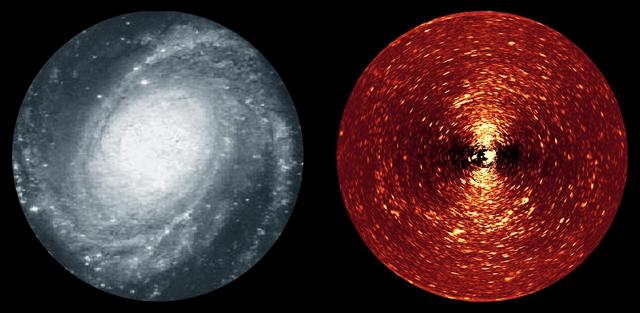 Here we see two different views of the spiral galaxy, Messier 81. On the left is an image taken in blue light, while on the right is a specially-processed version of an image taken with NASA Spitzer infrared array camera at 4.5 microns.