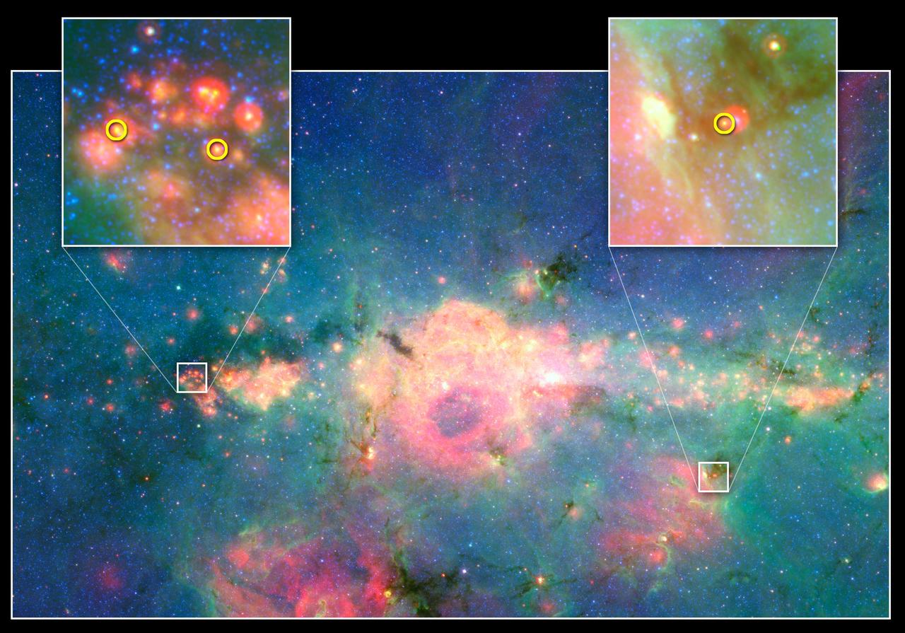 This infrared image from NASA Spitzer Space Telescope shows three baby stars in the bustling center of our Milky Way galaxy. The three stars are the first to be discovered in the region.