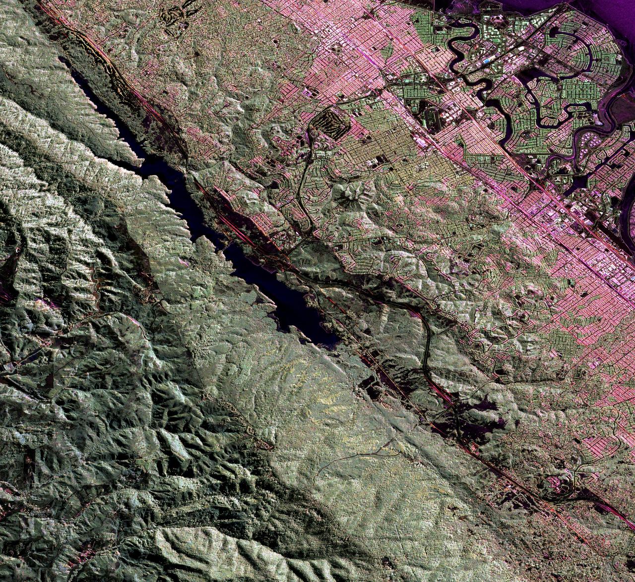 This image is a false-color composite of three channels of the UAVSAR polarimetric data acquired over the San Andreas Fault west of San Mateo, California.
