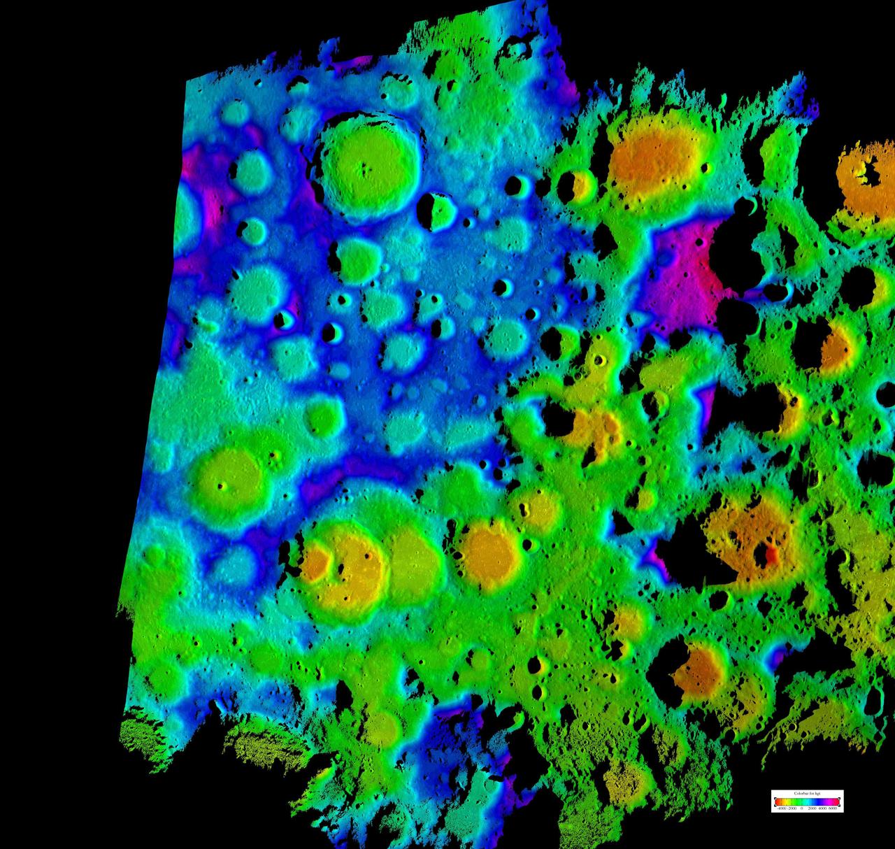 This composite image depicts the moon rugged south polar region in two lights. The color image is the highest resolution topography map to date of the moon south pole.