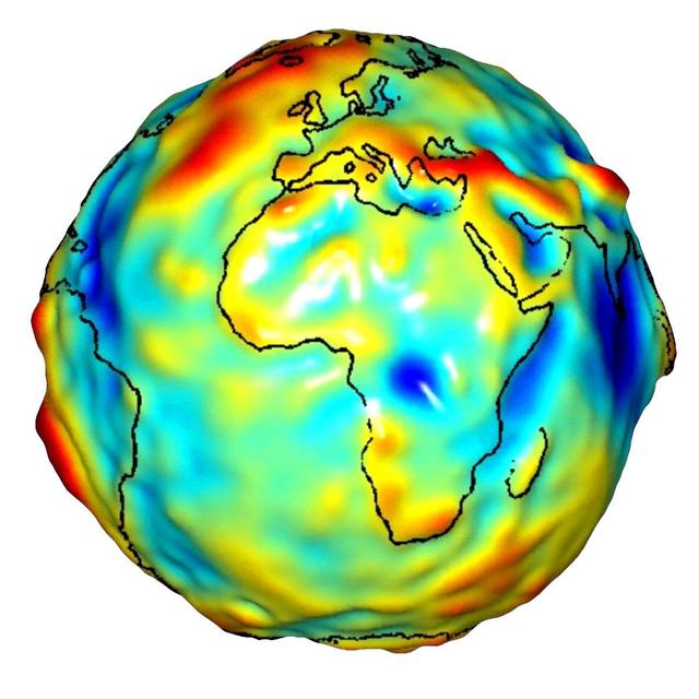 This visualization of a gravity model was created with data from NASA’s Gravity Recovery and Climate Experiment and shows variations in the gravity field across Africa and Europe.