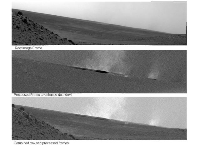 Researchers used the navigation camera on NASA Mars Exploration Rover Spirit to look for dust devils near the rover during the mission 1,919th Martian day, or sol May 27, 2009.