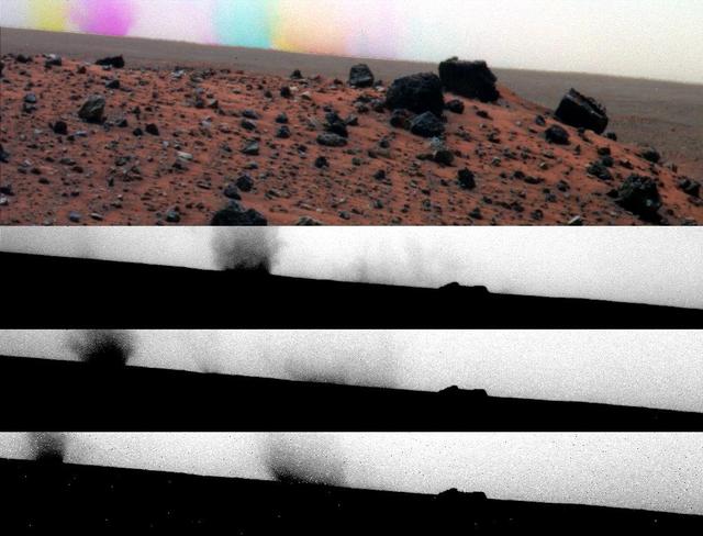 While the panoramic camera Pancam on NASA Mars Exploration Rover Spirit was taking exposures with different color filters on May 27, 2009, dust devils moved across the field of view.