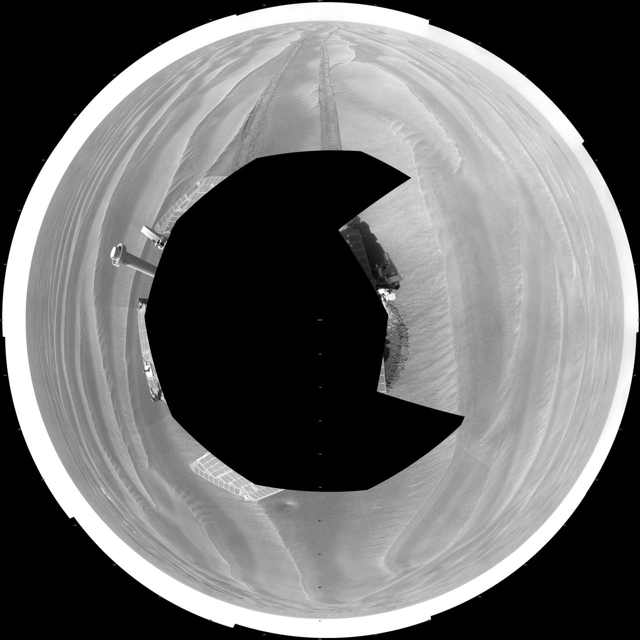 NASA Opportunity had driven 72.3 meters southward 237 feet that sol. Engineers drove the rover backward as a strategy to counteract an increase in the amount of current drawn by the drive motor of the right-front wheel. This is a polar projection.