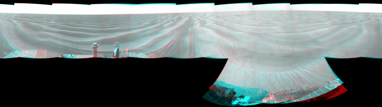 NASA Opportunity had driven 72.3 meters southward 237 feet on June 10. Engineers drove the rover backward as a strategy to counteract an increase in the amount of current drawn by the drive motor of the right-front wheel. 3D glasses are necessary.