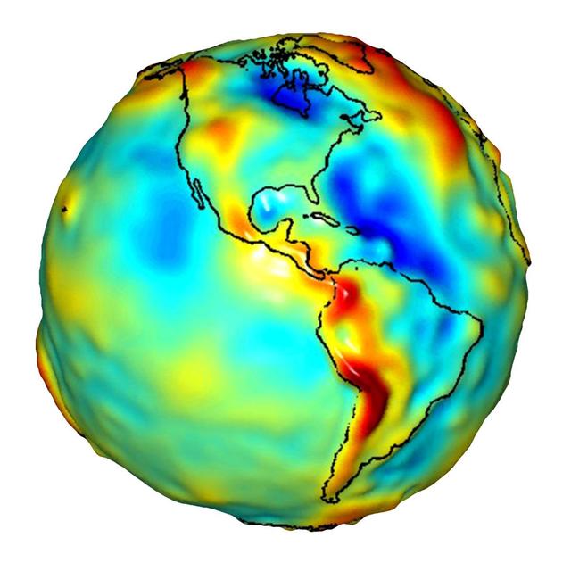 This visualization of a gravity model was created with data from NASA Gravity Recovery and Climate Experiment and shows variations in the gravity field across the Americas.