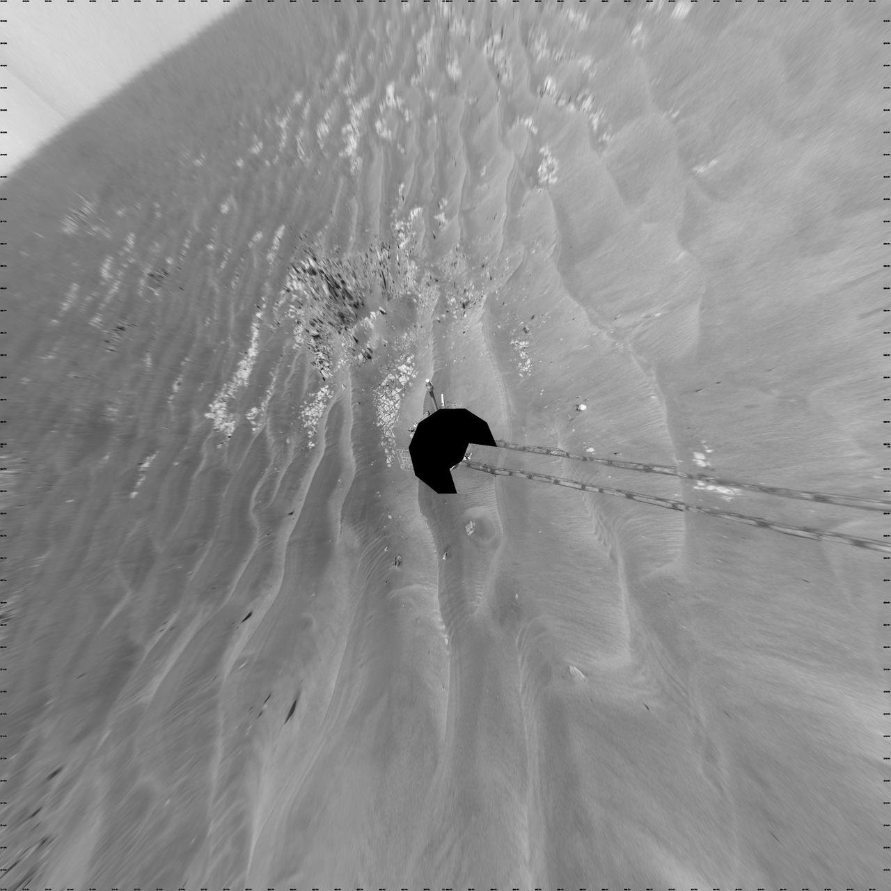 NASA Mars Exploration Rover Opportunity used its navigation camera to take the images combined into this 360-degree vertical view of the rover surroundings on the 1,950th Martian day, or sol, of its surface mission July 19, 2009.