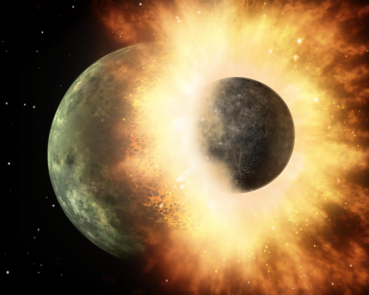 This artist concept shows a celestial body about the size of our moon slamming at great speed into a body the size of Mercury. NASA Spitzer found evidence that a high-speed collision of this sort occurred a few thousand years ago around a young star. 