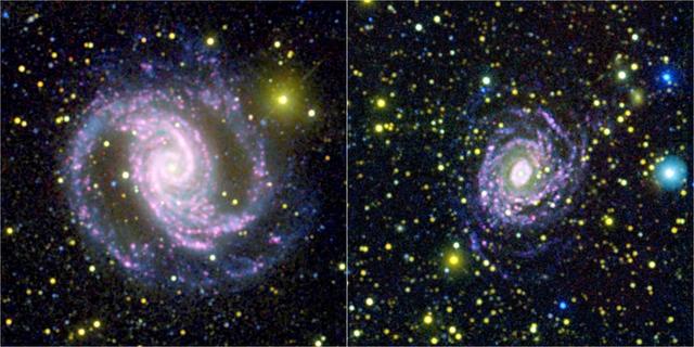 These two photographs were made by combining data from NASA Galaxy Evolution Explorer spacecraft and the Cerro Tololo Inter-American Observatory in Chile to learn that not all galaxies make stars of different sizes in the same quantities.