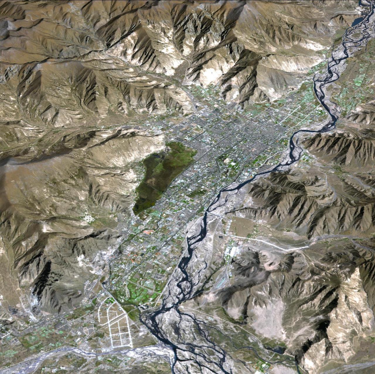 JPL Advanced Spaceborne Thermal Emission and Reflection Radiometer aboard NASA Terra satellite, shows Lhasa, the traditional seat of the Dalai Lama and capital of the Tibet Autonomous Region in China.