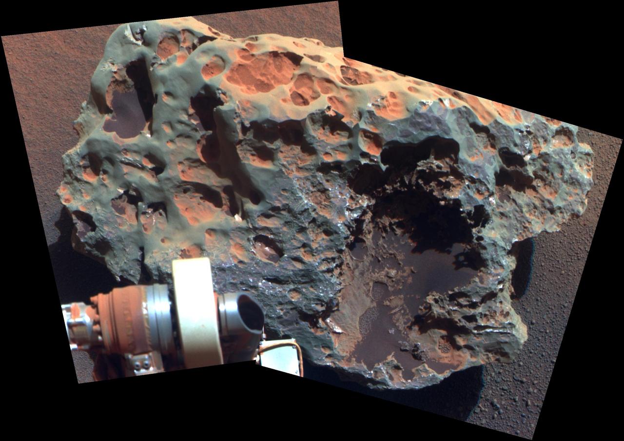 This view of a rock called Block Island, the largest meteorite yet found on Mars, comes from the panoramic camera Pancam on NASA Mars Exploration Rover Opportunity.