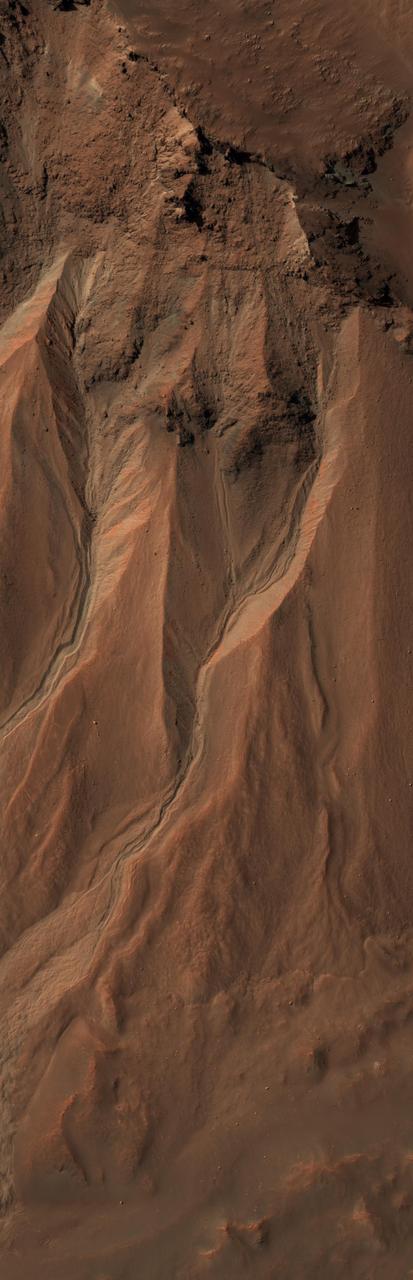 This image from the High Resolution Imaging Science Experiment (HiRISE) camera on NASA's Mars Reconnaissance Orbiter shows gullies near the edge of Hale crater on southern Mars. The view covers an area about 1 kilometer (0.6 mile) across and was taken on Aug. 3, 2009.  Martian gullies carved into hill slopes and the walls of impact craters were discovered several years ago. Scientists are excited to study these features because, on Earth, they usually form through the action of liquid water -- long thought to be absent on the Martian surface. Whether liquid water carves gullies under today's cold and dry conditions on Mars is a major question that planetary scientists are trying to answer.  The gullies pictured here are examples of what a typical Martian gully looks like. You can see wide V-shaped channels running downhill (from top to bottom) where the material that carved the gully flowed. At the bottom of the channel this material empties out onto a fan-shaped mound. The fans from each gully overlap one other in complicated ways. At the tops of the channels, large amphitheater-shaped alcoves are carved in the rock. The material removed from these alcoves likely flowed downhill to the aprons through the gullies.  The terrain in this image is at 36.5 degrees south latitude, 322.7 degrees east longitude.  Gullies at this site are especially interesting because scientists recently discovered actively changing examples at similar locations. Images separated by several years showed changes in the appearance of some of these gullies. Today, planetary scientists are using the HiRISE camera to examine gullies such as the one in this image for change that might provide a clue about whether liquid water occurs on the surface of Mars.  http://photojournal.jpl.nasa.gov/catalog/PIA12194
