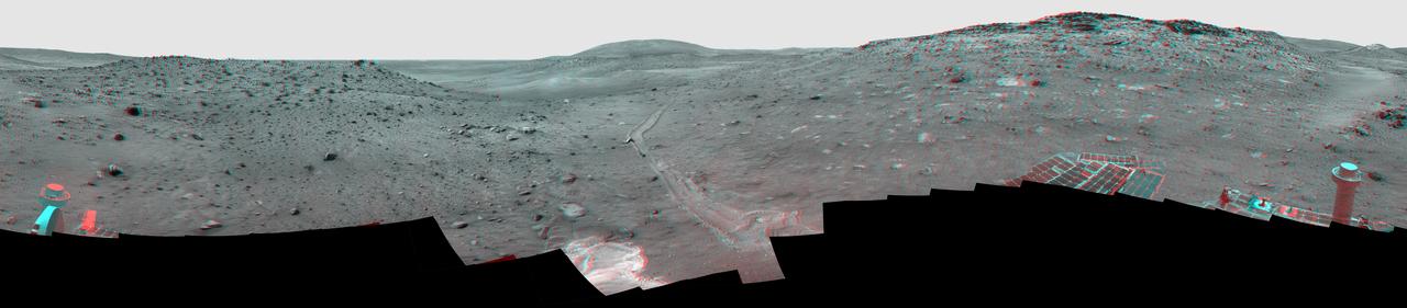 This full-circle view from the panoramic camera Pancam on NASA Mars Exploration Rover Spirit shows the terrain surrounding the location called Troy, where Spirit became embedded in soft soil during the spring of 2009. 3D glasses are necessary.