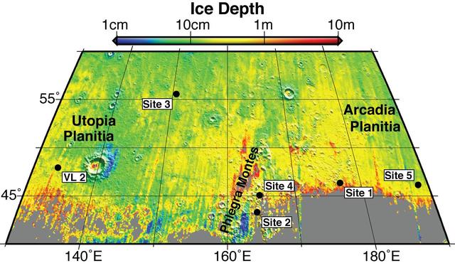 NASA image: Expected Depths to Ice, Mid-Latitude Northern Mars