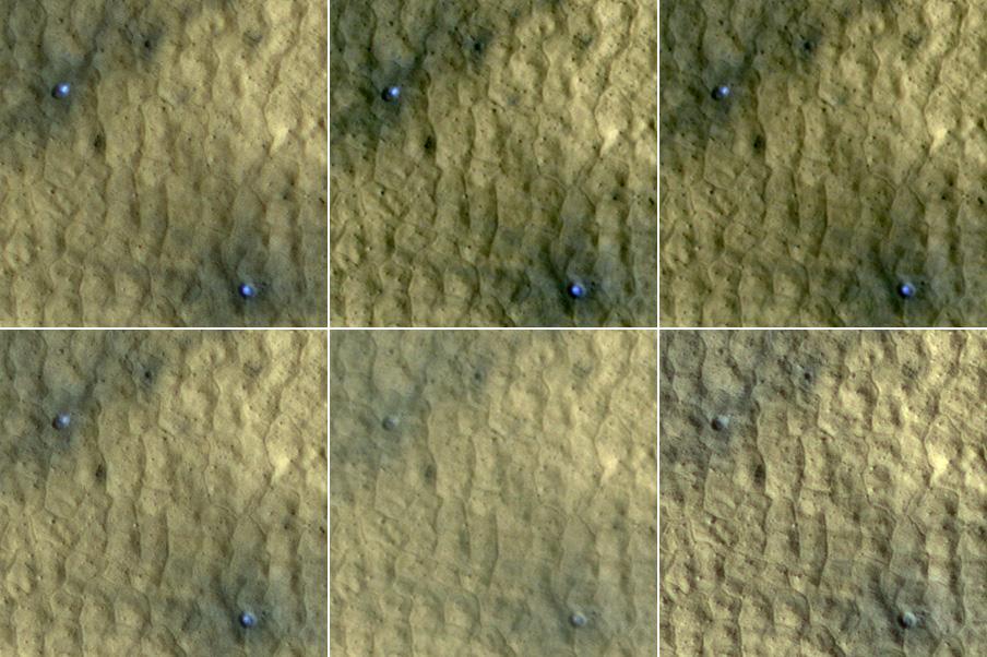 This series of images spanning a period of 15 weeks shows a pair of fresh craters taken by NASA Mars Reconnaissance Orbiter. Bright, bluish material apparent in the earliest images disappears by the later ones.