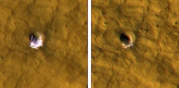 NASA Mars Reconnaissance Orbiter reveals underground ice exposed by impact cratering. The impact that dug the crater excavated water ice from beneath the surface.