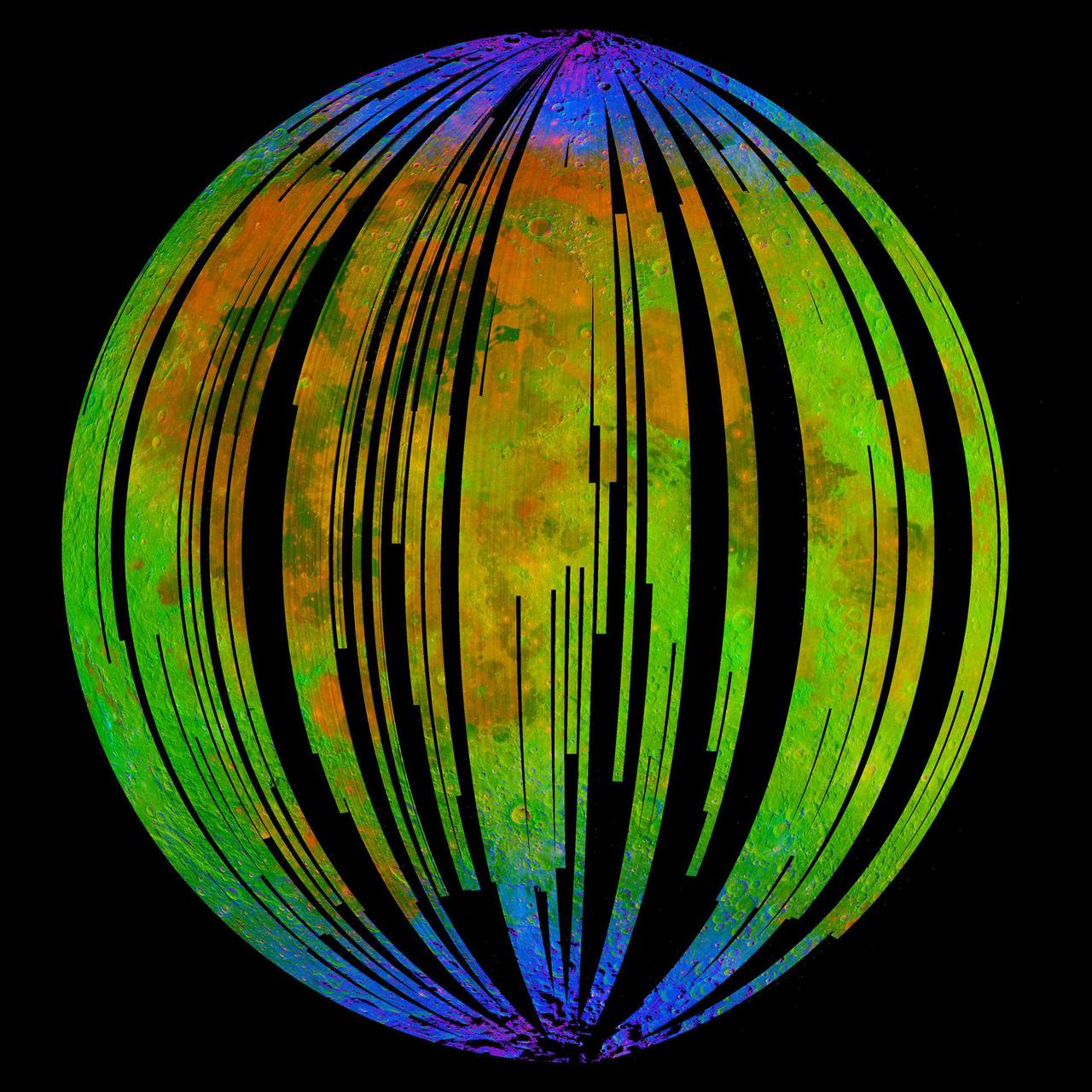 This image of the moon is from NASA Moon Mineralogy Mapper on the Indian Space Research Organization Chandrayaan-1 mission. It is a three-color composite of reflected near-infrared radiation from the sun.