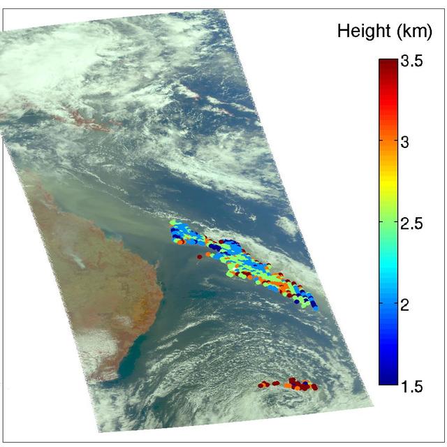 A major dust storm moved across the eastern and northeastern regions of Australia on Sept. 23, 2009, out towards the Pacific as seen by NASA Aqua satellite.