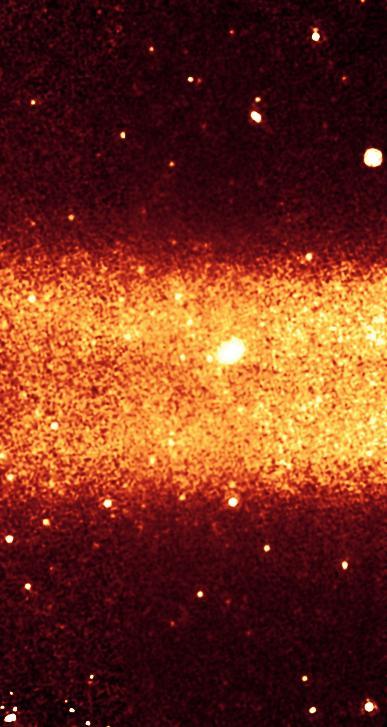 This picture highlights a slice of Saturn largest ring. The ring red band was discovered by NASA Spitzer Space Telescope, which detected infrared light, or heat, from the dusty ring material.