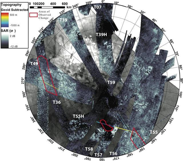 This first glimpse of seasonal change shows the southern polar area of Saturn moon Titan, using data from the Synthetic Aperture Radar instrument aboard NASA Cassini spacecraft.