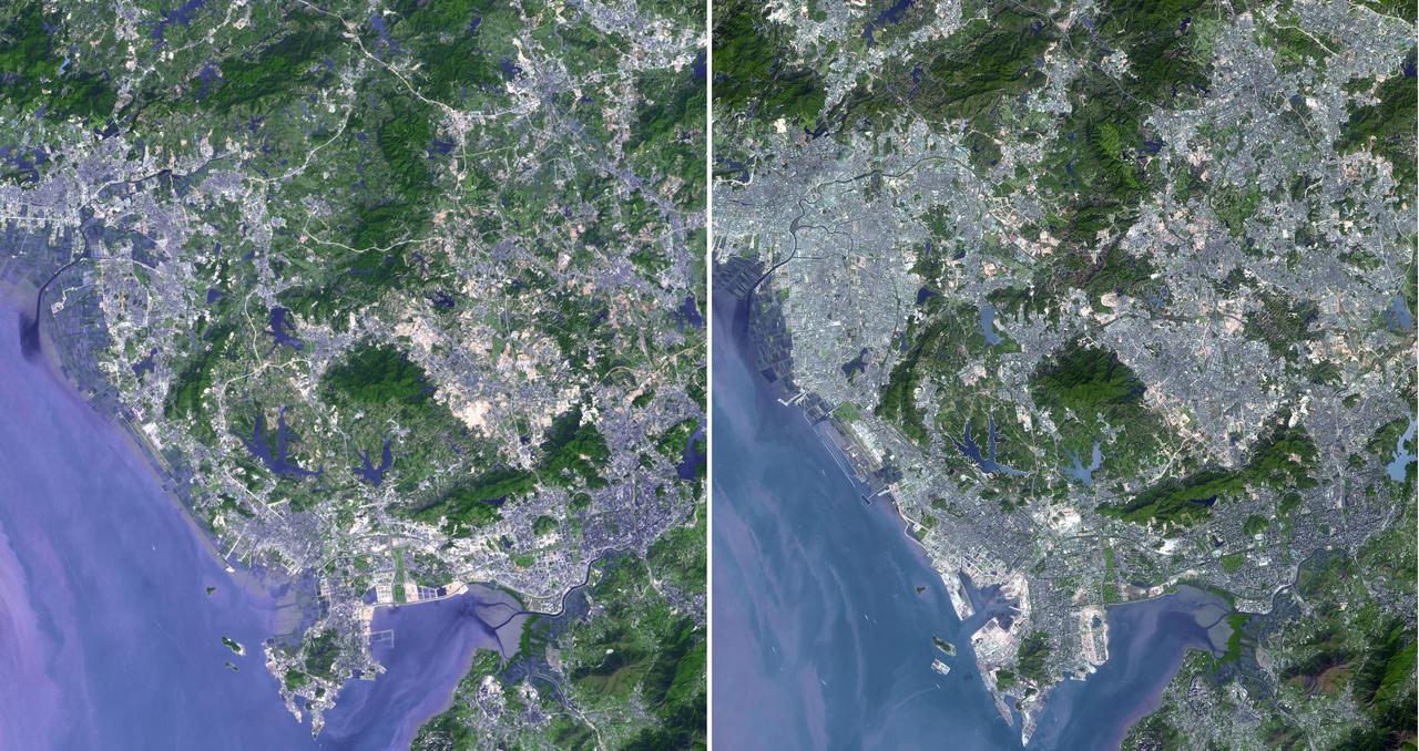 Shenzhen is a city of sub-provincial administrative status in southern China Guangdong province, immediately north of Hong Kong, and located in the Pearl River Delta. This image was acquired by NASA Terra spacecraft.