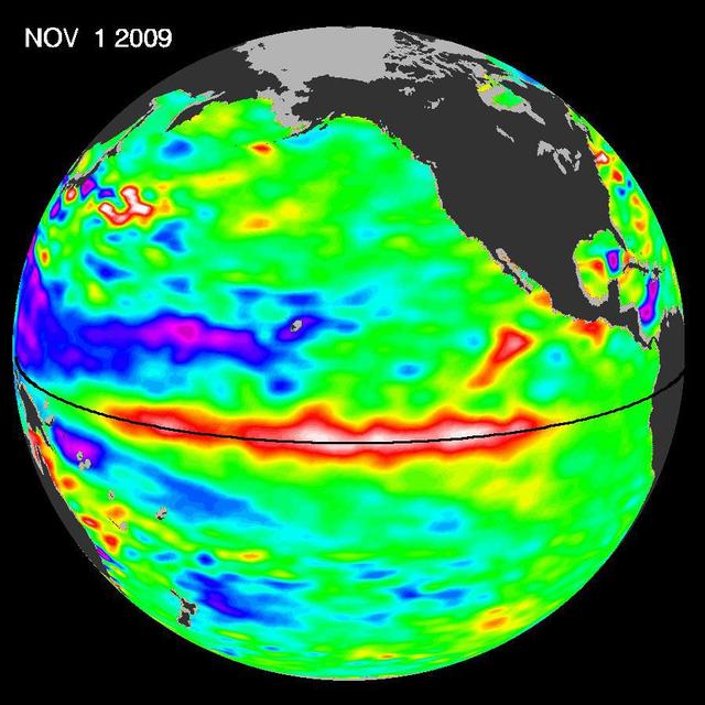 ElNi?o is experiencing a late-fall resurgence. Sea-level height data from the NASA/European Ocean Surface Topography Mission/Jason-2 oceanography satellite show the equatorial Pacific has triggered a wave of warm water, known as a Kelvin wave.