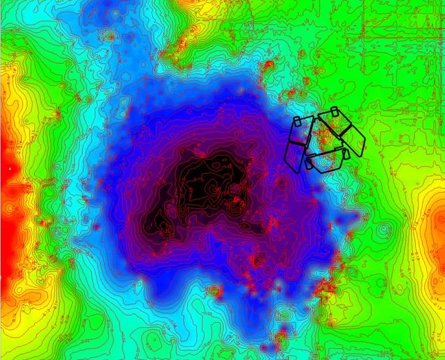 A depression called Scamander Crater, dominates the terrain near NASA Mars Exploration Rover Spirit in this map that emphasizes local topography by removing the regional tilt to the northwest.