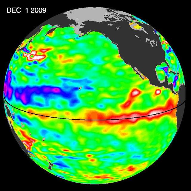 The most recent sea-level height data from the NASA/European Ocean Surface Topography Mission/Jason-2 oceanography satellite show the continued eastward progression of a strong wave of warm water, known as a Kelvin wave, now approaching South America.