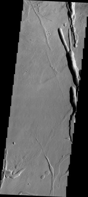 This image of the southern flank of Ascraeus Mons, taken by NASA 2001 Mars Odyssey spacecraft, shows a small sample of collapse features that are common in the area.