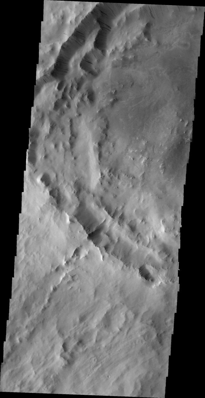 Numerous dark slope streaks mark the rim of this unnamed crater located on the rim of Henry Crater in this image taken by NASA 2001 Mars Odyssey spacecraft.